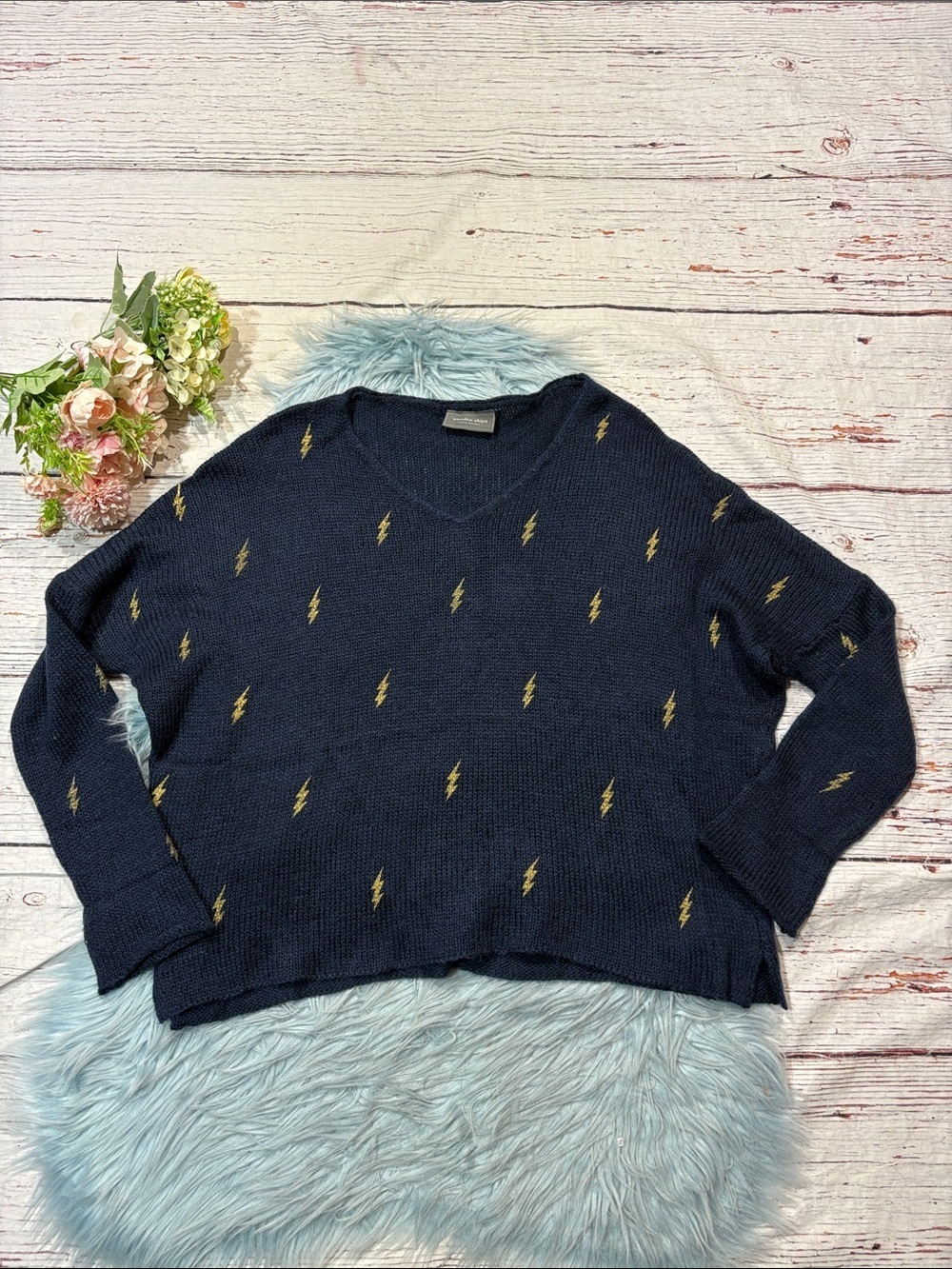 Wooden Ships Lightening Bolt V-neck Navy Mohair Wool Blend Sweater